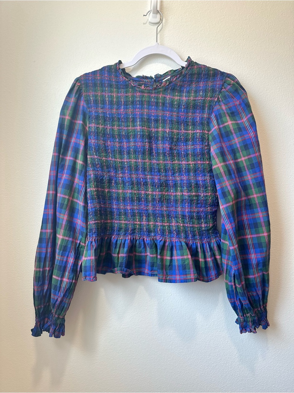 Old Navy Blue & Green Plaid Smocked Peplum Blouse Medium